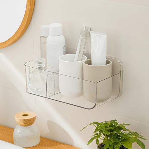 Poeland Wall Mount Storage Organizer, Clear Storage Box Holder Basket with 3 Compartments No Drilling Hang Walls/Doors for Kitchen, Cabinet, Bathroom, Bedroom, Office