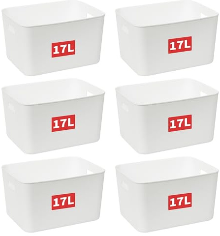 Cetomo 17L*6 Cesta de Almacenamiento de Plástico, Caja de Almacenamiento Abierta, Contenedores Para Estanterías, Organizadores con Asas Para oficina, Gabinetes, Blanco, 17L-6 Unidades (35*27*20cm)