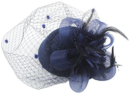 Kvinnors fascinatorhatt, slöja fjäder hårklämma, vintage blomma nät pannband för bröllop cocktail te fest kväll fest (marinblå)