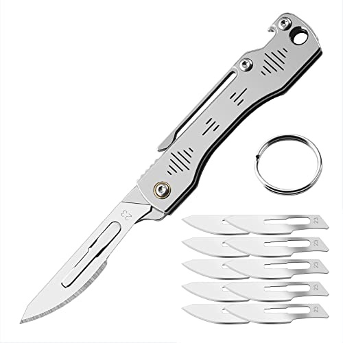 BEEK Mini Coltello Pieghevole con Clip, Bisturi, Coltello Portachiavi, 10 Lame Intercambiabili Figura 23, Mini Coltello Tascabile EDC per Esterno, Campeggio, Regalo per Uomo
