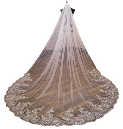 SHTGOI 3M Lange Hochzeitsschleier Kirche Hochzeit Brautschleier Tüll Kante Appliques Schleier mit Kamm Spitzen -Pailletten Softtüll für Braut Fotostudio Hochzeitskleid Zubehör Reines Weiß