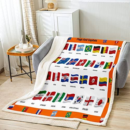 Coperta in peluche con bandiera nazionale, 32 paesi, coperta in pile con bandiera del mondo continente con bandiera sherpa, coperta educativa sfocata, coperta per bambini, 70 x 100 cm