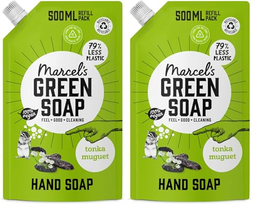 Marcel's Green Soap - Handseife Nachfüllpack Tonka & Muguet - Spender-Nachfüllpack - 100% umweltfreundlich - 100% vegan - 97% biologisch abbaubar - 500 ml Flüssigseife (Packung mit 2)