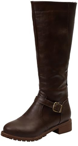 Women's Knee High Boots Size 7 Wide Calf Knee High Boots Flat Combat Riding Boots Buckle Leather Riding Footwear Brown