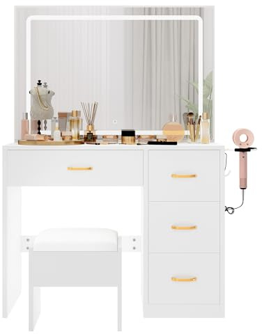 YITAHOME Dressing Table & stool set,Vanity Desk w/ 3-Color Lighting Modes LED Lights Mirror,Lights Brightness Adjustable,Vanity Table with 4 Drawers,Power Outlet,Milky-White Makeup Desk for Bedroom
