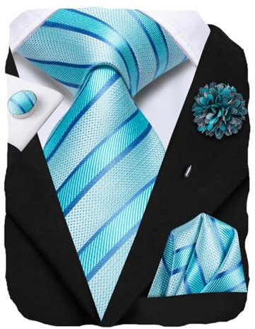 Hi-Tie Seidenkrawatten für Herren, gewebt, mit Einstecktuch, Manschettenknöpfen, Business, formelle Krawatte, Anstecknadel-Set, Türkis, Blau, Medium