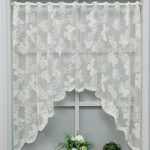 Vordesack Jacquard Scheibengardine mit Schmetterling Muster Landhausstil Stickerei Bistrogardine mit Lochleiste Kleinfenster 1 Stück Weiß HxB 100x180cm