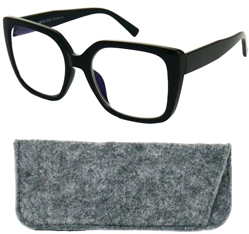 Mini Brille - Occhiali Anti Luce Blu – Oversize Stile Farfalla Nero – Montatura Spessa in Plastica con Custodia – Ideali per Computer Donna e Uomo + 1.5 Diottrie