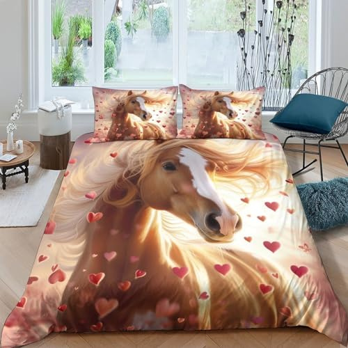 Cheval Mignon Ensemble De Housse De Couette De Lit 3 Pièces en Imprimé 3D Microfibres Taie d'oreiller Parure De Lit Linge De Lit Literie pour Adolescents des Adultes King（220x240cm）