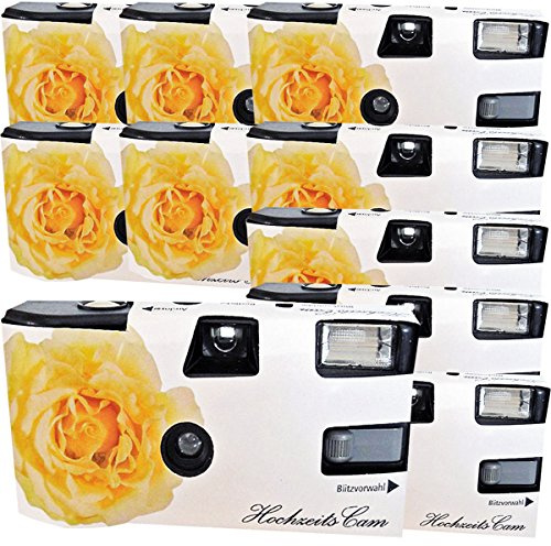 PHOTO PORST Lot de 10 appareils photo jetables 1A Rose de mariage jaune avec flash, piles et film (lot de 10, 27 prises chacune)