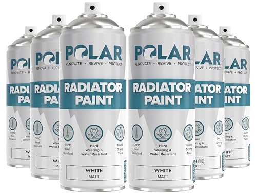 Polar Radiator Spray Paint, 3-in-1, 6 x 400ml, White, Matt Finish | 3-in-1 Heat Resistant Radiator Paint, Primer, Undercoat and Topcoat, Up to 170 Degrees, Hot Pipes, Towel Rails