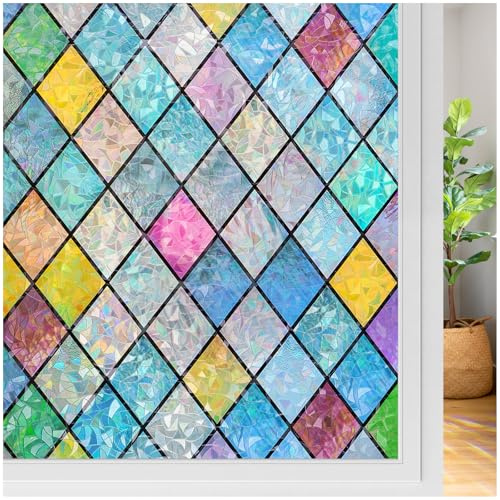 rabbitgoo Stained Glass Window Film Privacy for Glass Windows, 90x200cm | 3D Multicolor Static Cling Rainbow Window Privacy Stickers UV Glare Blocking, Decorative Coverings Decals Lattice for Home