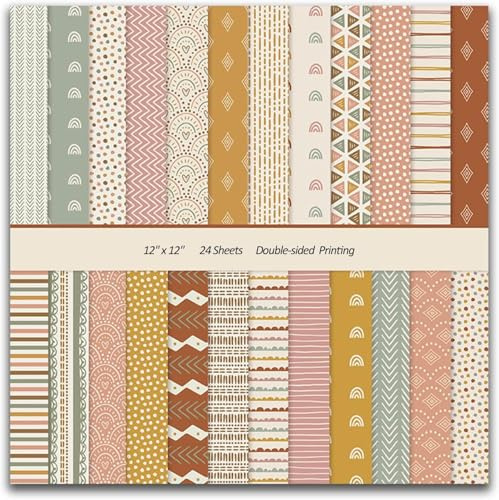 24 Sheets Boho Pattern Paper 12x12 Inch Scrapbook Paper Double-Sided Colorful Decorative Craft Papers for DIY Art Craft Card Making Scrapbook Photo Album Decor