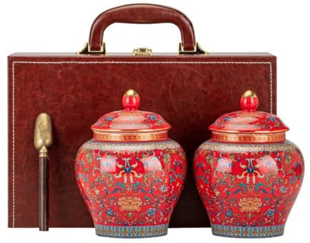 Tea Organizer Tea Storage Container Jar Ceramic Sealed Jar Kitchen Food Storage Jar with Tea Spoon Tea Set Double Jar Gift Box Set Tea Caddy