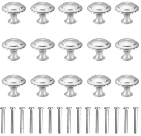 Lunyloer Silver Cupboard Door Knobs, 15 Pcs Cabinet Knobs with Screws, 2.7×2.1cm Stainless Steel Cupboard Handles for Cupboard Wardrobe Furniture