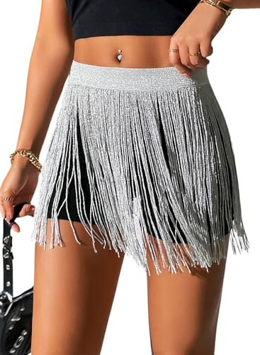 Damen Quaste Rock - Festival Accessoires Rave Outfit Mode Punk Fransen Röcke Sexy Minirock Techno Skort Taillengürtel Gothic Gürtel Skirt Frauen Strand Tankinis(Silver,XS,1117w)