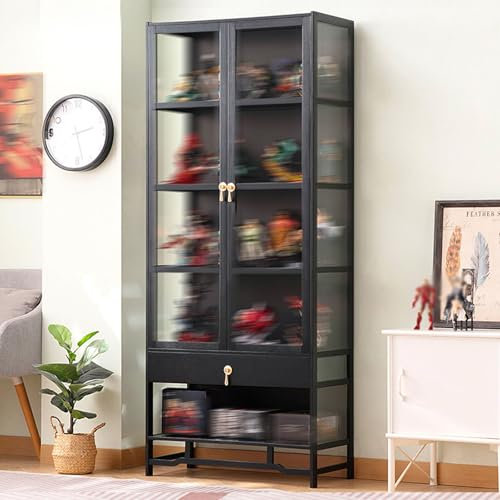MBBTAG Sammlervitrine vitrinenschrank, sammlungsvitrine, vitrine mit acryl-klapptür, Großes Fassungsvermögen mit Schublade, glasvitrine stehend, Acryl-Sammlungsvitrine, Rahmen aus Bambusholz(70x33x170