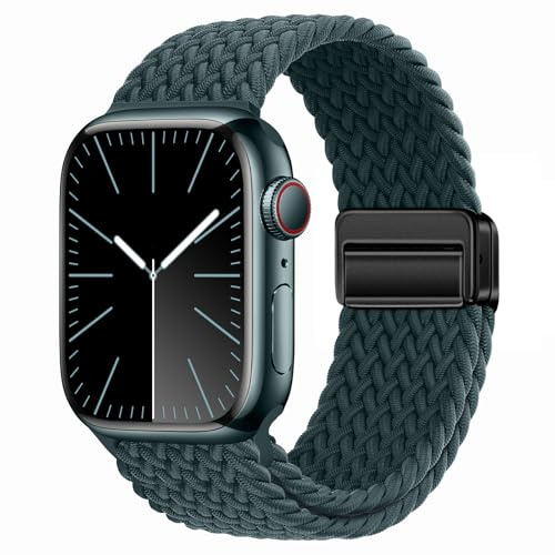 Kompatibelt med Apple Watch-armband 42mm/44mm/45mm/46mm/49mm. Flätat herrband, magnetiskt nylonband för Apple Watch Serie 4/5/6/7/8/9/10/SE/Ultra 2. Elastiskt tygarmband för Apple Watch Green