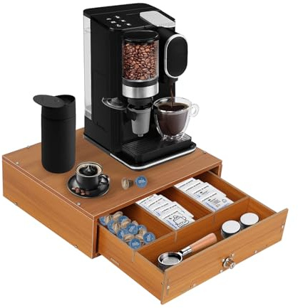 Wood Coffee Pod Holder,Coffee Pod Drawer Coffee Machine Stand for Countertop, Organiser StationTea Bag Storage with Phone holder and keys