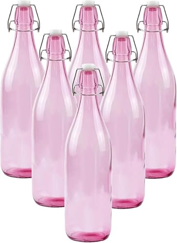 KWARE Botellas de vidrio de estilo vintage de 1 litro, ideales para uso doméstico o comercial, llenar con agua, vino, licor, aceite, cerveza, licor o cordiales (rosa)