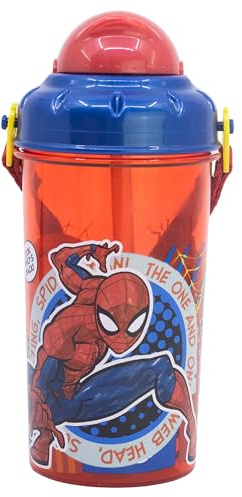 STOR Barnvattenflaska med Sugrör Spider-Man 465ml - BPA-fri Plastflaska med Lock och Axelrem för Skola och Sport