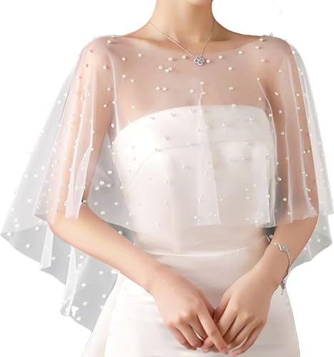 NICENEEDED Hochzeits Brautschal Weiße Umhänge Mit Kunstperlen Weicher Tüll Capelet Mit Perlenbesatz Abendkleid Schal Abschlussball Party Accessoires Für Damen