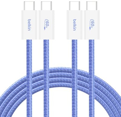 Belkin USB C to USB C Cable 2-Pack, 6.6ft, 60W - Type C Charger, iPhone Charger Cord, Soft, Braided, Flexible for iPhone 17, Galaxy S25, Pixel 10, Airpods, iPad Pro & More, Travel Essentials - Blue