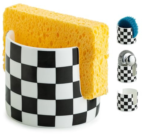 Checkered Kitchen Sink Sponge Holder, Dish Sponge Rack Ceramic Brush Holder Farmhouse Kitchen Dish Rack for Brush, Scrubbers, Bathroom, Sink, Black and White