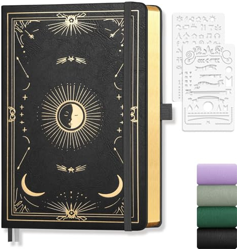 Notizbuch A5 Dotted, 100g/m² Papier, 192 Seiten, PU Hardcover, 14,5 x 21cm | Bullet Journal, Kein Ausbluten, 180°flach, Innentasch, für Frauen und Männer, Arbeit, Schule, Journal, Geschenk, Schwarz