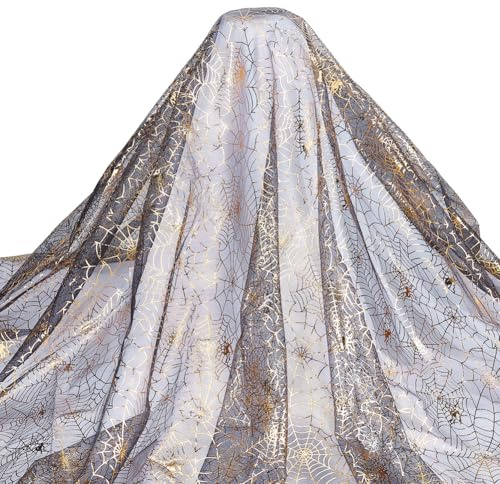 PH PandaHall Halloween Tüllstoff Goldenem Spinnennetz Muster Stoff Doppelseitiger Folienstoff 3.3m breiter Silberner Netzstoff Stoffe für Halloween Kleidung Nähen Party Dekoration Basteln, 2m
