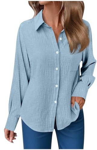 Generisch Blusen Damen Sommer Musselin Bluse Damen Langarm – Aus Baumwollmix (60 %) mit Knopfleiste, Strukturierter Stoff, Umlegekragen – Locker & Bequem für Alltag, Büro, Outdoor Hellblau