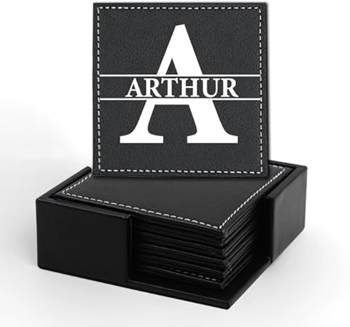 Personalisierte Leder-Untersetzer mit Ständer - 6er Set Individuelle Getränkeuntersetzer mit Name, Foto, Logo - rutschfeste Bar-Untersetzer für Wohnzimmer, Wein & Biergläser