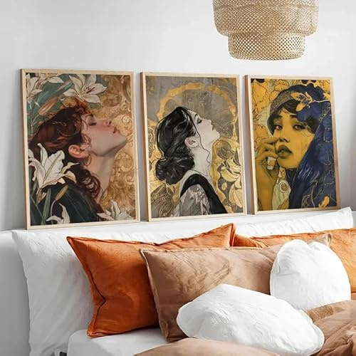 GKUVBF Poster „Frau mit Lilien“ – Lilien in Gold – Rothaarige Frau mit Lilie – Leinwanddruck – Wandbild für Wohnzimmer (40 x 60 cm / 3-teilig, rahmenlos)