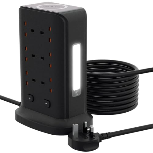 Tower Extension Lead with Wireless Charger, BOCHLION Extension Tower 5 USB C & 1 USB A Power Socket With Night Light, 12 Way Plug Extension Socket Surge Protector, Extension Cable 3M-Black
