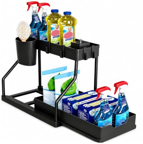 Generisch Unter Waschbecken Regal 2 Etagen, Küchenregal Organizer mit 4 Haken & Becherhalter, Mehrzweck Gewürzregal, Unterschrankregal für Küche, Bad und Spülschrank