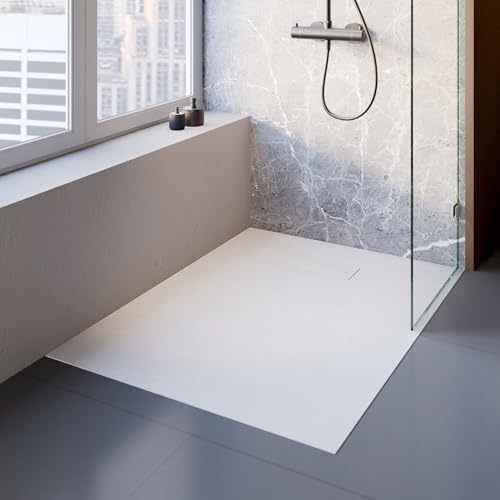 Schulte receveur douche 90x160x3 cm résine effet pierre blanc antidérapant | rectangulaire collecteur central