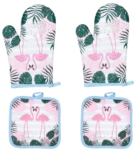 4 Piece Pink Flamingo Oven Gloves, Flamingo Gifts for Women, Baking Glove Set with Heat Resistant Pads, Kitchen Accessories for Home Bakers