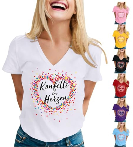Konfetti im Herzen T-Shirt Damen - Konfetti im Herzen bunt Herz Geburtstag Karneval Fasching Fastnacht Damen T-Shirt mit V-Ausschnitt 2026