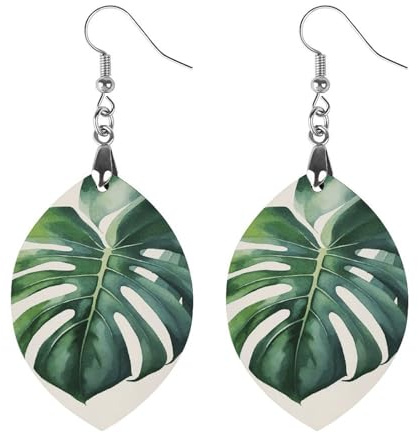 Wooden Monstera Leaf Earrings for Women Lightweight Dangle Earrings Ethnic Geometric Apricot Shaped Earring Vintage Retro Jewelry Gift for Daily Wear Wedding Party Graduation