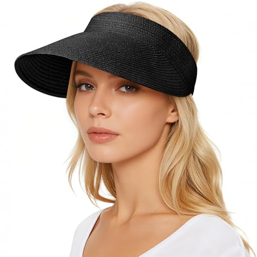 Viseras para Mujer, Visera Mujer Paja Sombrero Playa, Ajustable Visera Mujer Verano, Plegable UPF 80+, Visera de Paja, para Vacaciones de Verano en la Playa y Viajes de Campamento