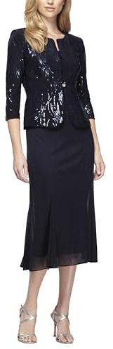 Alex Evenings Women's Tea Length Mock Jacket Dress with Button Front, Navy Sequin, 12P
