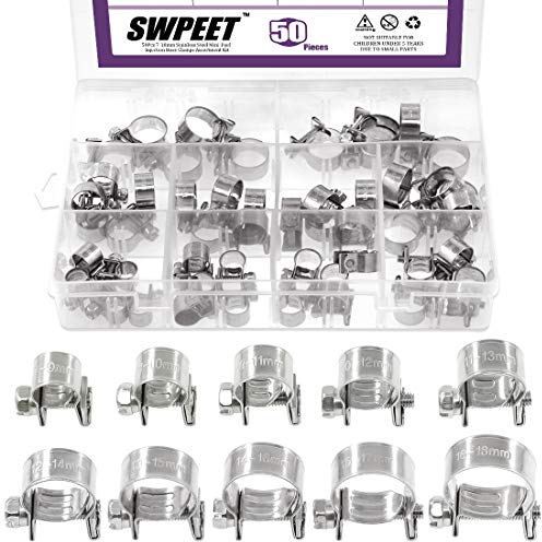 Swpeet 50Pcs 10 Größen 304 Edelstahl Mini Kraftstoffeinspritzung Linie Stil Schlauch Klemme Sortiment Kit Perfekt für Automobil, Landwirtschaft, Anlage