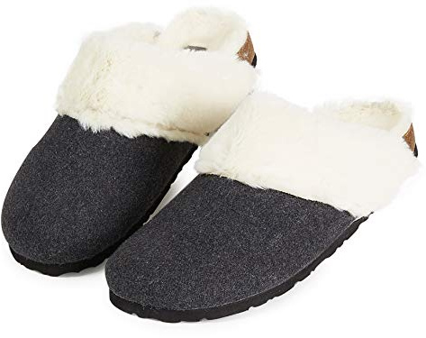 Dunlop Pantoufle Femmes, Chaussons Femme Hiver avec Fourrure Peluche Ultra Douce, Mules Semelle Antidérapante À Mémoire De Forme, Idée Cadeau Femme Ou Fille Ado (Gris foncé, Numeric_37)