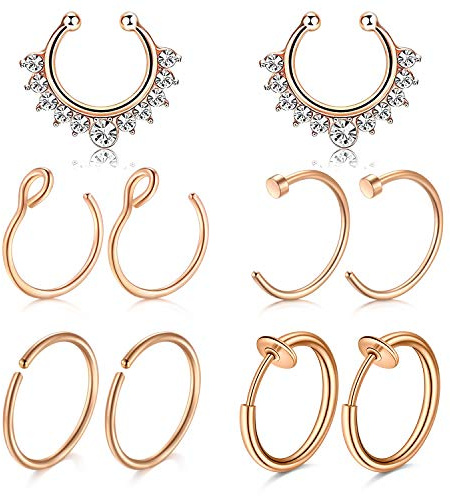Mayhoop 10Pièces Faux Piercing Nez Faux Piercing Septum Acier Chirurgical Or Rose avec Diamant Faux Anneau Nez Faux Piercing Nez Lèvre Daith Helix Non Piercing Non-Percé Femme Homme