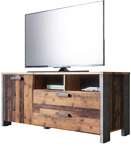 Newfurn TV Lowboard Old Wood Betonoptik Dunkelgrau Vintage Wohnzimmer | 1 Tür, 2 Schubladen, 2 offene Fächer, Bügelgriff, TV Schrank, TV Board, Fernsehtisch, Industrial Used-Look