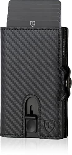 Lederhand® Aventus Wallet – Premium Leder Geldbörse handgemacht für Herren und Damen Portemonnaie Aluminium Kartenhalter mit Münzfach und Platz für 9 Karten mit RFID NFC Schutz Farbe|(Carbon)