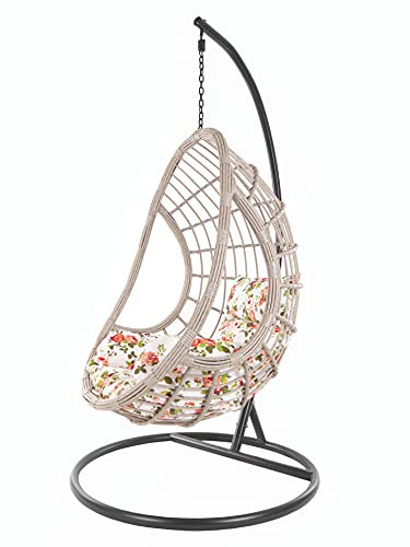 KIDEO Korbsessel: XXL Hängesessel mit Gestell & Kissen, Poly-Rattan, grau-beige (Kissen: Nest geblümt [3761 Roses])