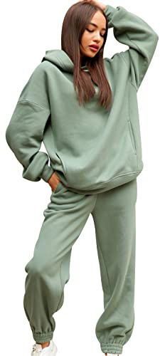 Peuignao Ensemble Jogging Femme Tracksuit Set Loungewear Tenue Essemble Jogging Femme Survêtement Sport Femme Grande Taille Sportwear Femme Survêtements Sweat Suit Vêtement Détente Femme Chaud Vert L