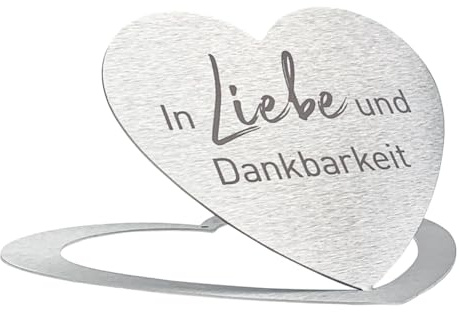 DOLORINO Grabherz aus Edelstahl | wetterfest | mit Spruch In Liebe und Dankbarkeit| ca. 17x15cm
