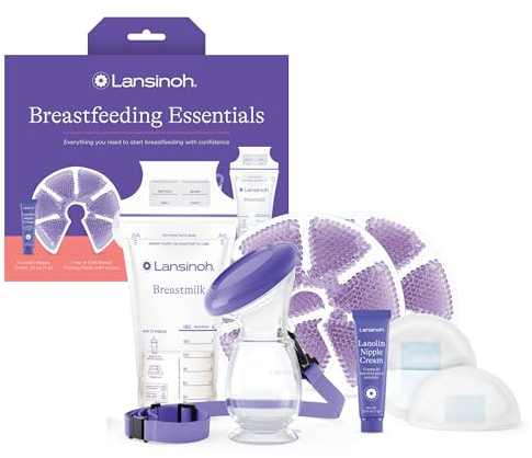 Lansinoh Breastfeeding Essentials for Nursing Moms: Nipple Cream, 48 Nursing Pads, 25 Breastmilk Storage Bags, 2 Hot & Cold Breast Therapy Packs, Silicone Breast Pump, 77 Pieces